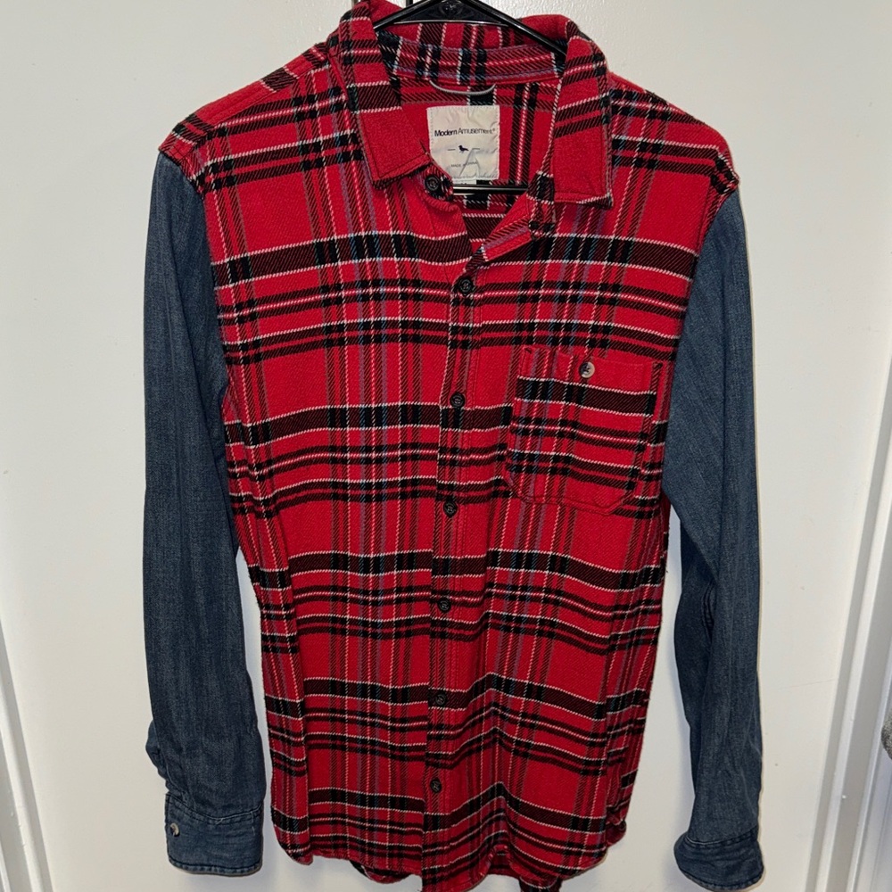Modern Amusement Red Plaid Button-Down Shirt with Blue Chambray Sleeves